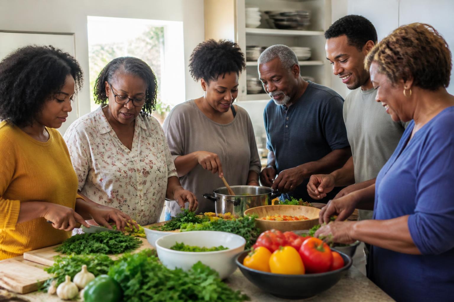 Adults of different ages preparing a healthy meal together in a welcoming community kitchen.