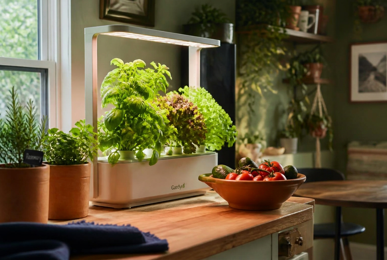 Fresh herbs and vegetables growing in an indoor hydroponic garden.